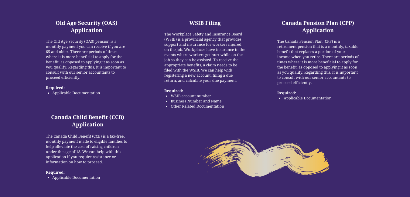 OAS Application, WSIB Filing, CPP Application, Canada Child Benefit